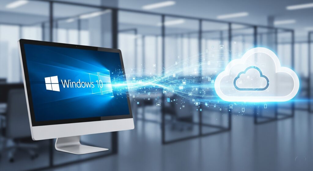 Wide shot of a Windows 10 computer securely backing up data to a cloud server, emphasizing essential data protection before Windows 10 End of Life.