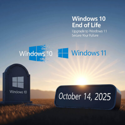 Infographic showing Windows 10 End of Life on October 14, 2025, with an arrow pointing from a Windows 10 tombstone to a bright Windows 11 logo, promoting upgrade and future security.